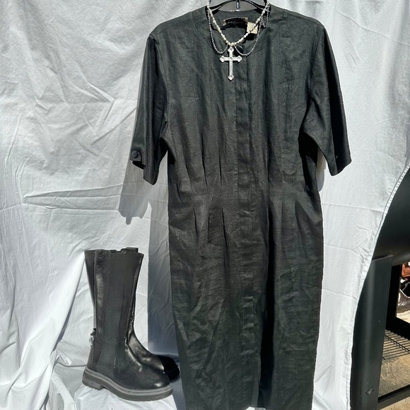 100% Linen Black Cinched Waist Structured Midi Length Minimalist Dress - Picture 1 of 5